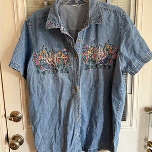 Vintage Blue Embroidered Chambray Blouse Teddy Bears Gardening 90s Button Up